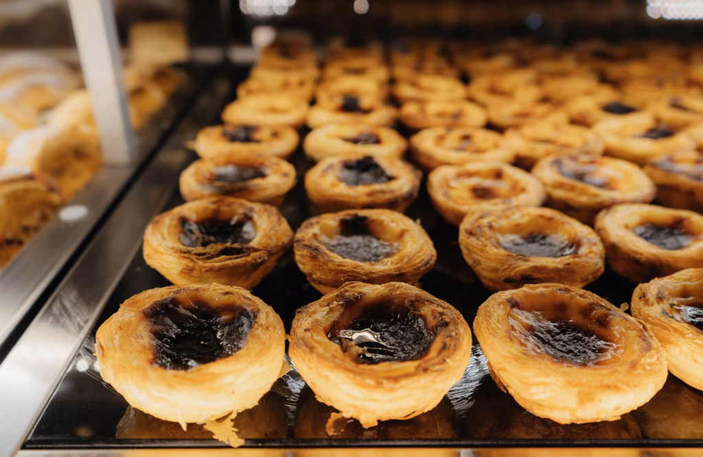 Close up of pastel de nata (custard tart), Portuguese typical pastry